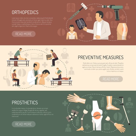 Orthopedics and traumatology horizontal banners with advertising of prosthetics and preventive measures flat vector illustrationのイラスト素材