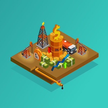 OIl and gas industry exploration and production profits isometric background poster with derrick and tanker transport vector illustrationのイラスト素材