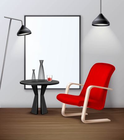 Modern interior design realistic mockup poster template with lighting coffee table window and red armchair vector illustrationのイラスト素材