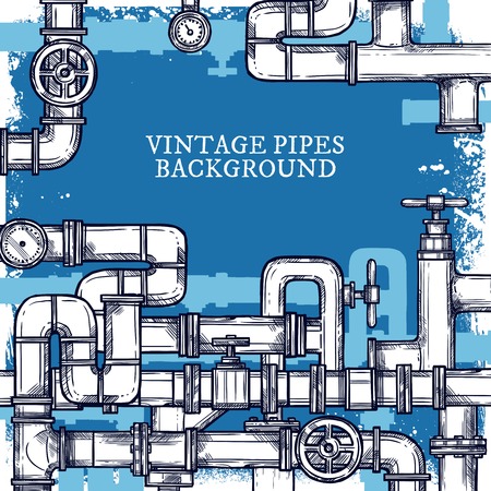 Vintage blue background with sketch pipes system doodle vector illustrationのイラスト素材