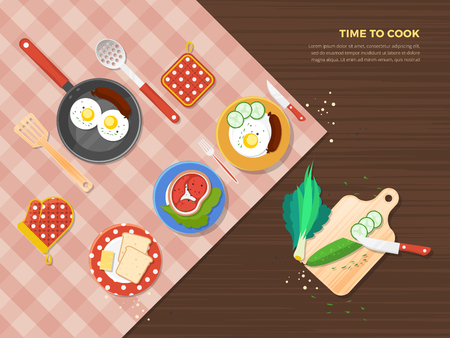 Time to cook top view poster of dishes from different food ingredients and preparation process vector illustrationのイラスト素材