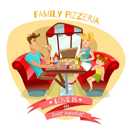 Family pizzeria design concept with  young parents and their daughter at dinner table in pizzeria interior flat vector illustrationのイラスト素材