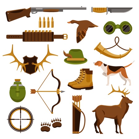 Arms and tools for shooting and hunting flat set isolated on white background vector illustrationのイラスト素材