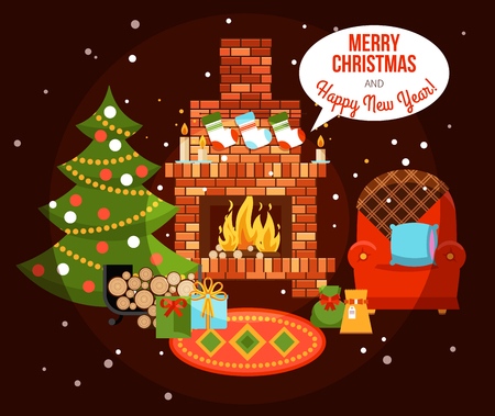 Flat design new year holiday decorated room with fireplace christmas tree and presents vector illustrationのイラスト素材