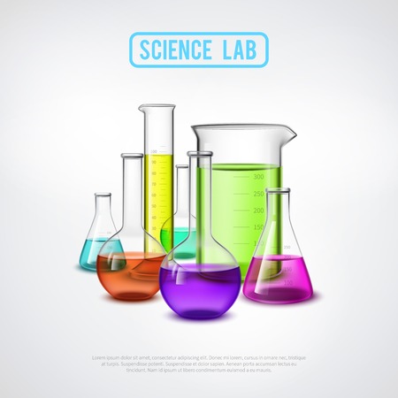 Laboratory equipment composition with realistic glass test tubes colorful liquids flat isolated vector illustrationのイラスト素材