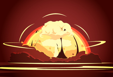 Nuclear weapon desert test retro cartoon poster with rising radioactive heated bright yellow mushroom cloud vector illustrationのイラスト素材