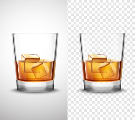 Scotch whisky glasses set with alcohol and ice cubes 2 realistic  banners with transparent background isolated vector illustrationのイラスト素材
