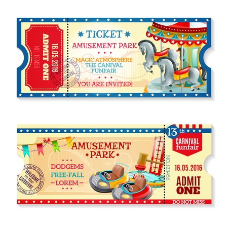 Two invitation tickets to carnival in amusement park with date of event and funfair decorative elements flat vector illustrationのイラスト素材
