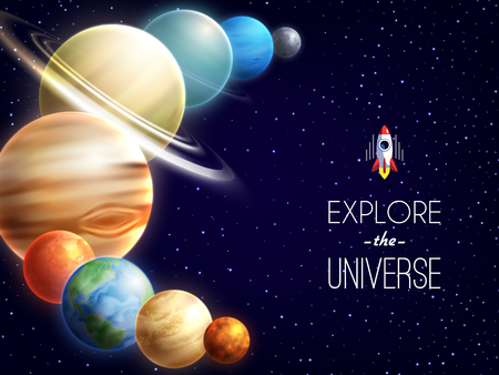 Solar system realistic background with space and galaxy symbols vector illustrationのイラスト素材