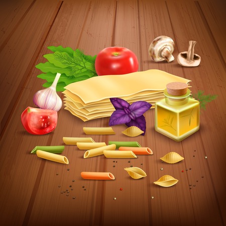 Classic italian dry pasta dish raw ingredients realistic composition poster with olive oil tomato and garlic vector illustrationのイラスト素材