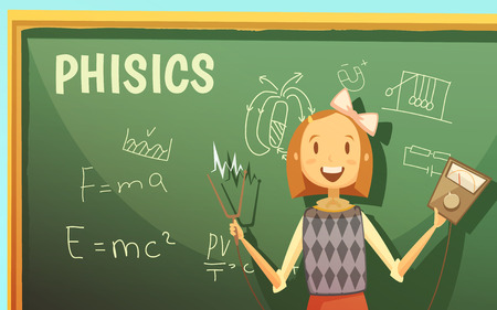Physics lessons for elementary primary school kids with schoolgirl by blackboard with formulas...