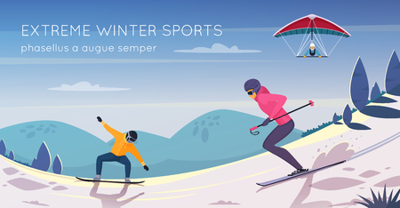 Extreme sports activities flat composition poster with snowboarding skiing and kitesurfing against mountains background vector illustrationのイラスト素材