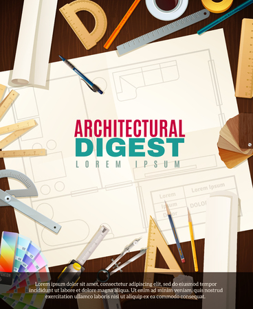 Architect workplace with different tools for architectural construction drawing projects flat vector illustrationのイラスト素材