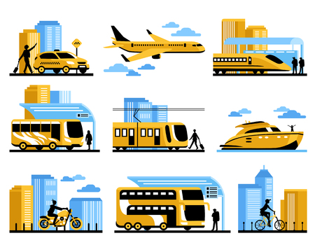 Traveling people isolated decorative elements set with passengers and different kinds of aviation water and ground transportation vector illustrationのイラスト素材