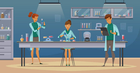 Laboratory assistants work in scientific medical chemical or biological lab setting experiments retro cartoon poster vector illustrationのイラスト素材