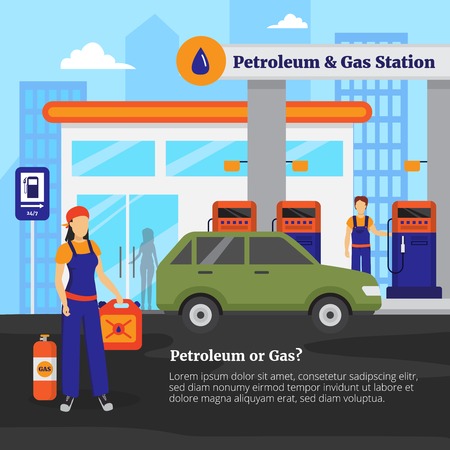 Petroleum and gas station with workers cars and shop flat vector illustrationのイラスト素材