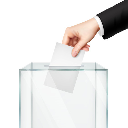 Realistic voting concept with hand putting vote paper in the ballot box isolated vector illustrationのイラスト素材