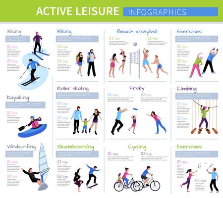 Active leisure people infographics with different games and activities in flat style isolated vector illustrationのイラスト素材
