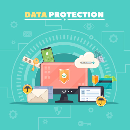 Computer communications safety and private data protection flat composition poster with antivirus software symbol abstract vector illustrationのイラスト素材