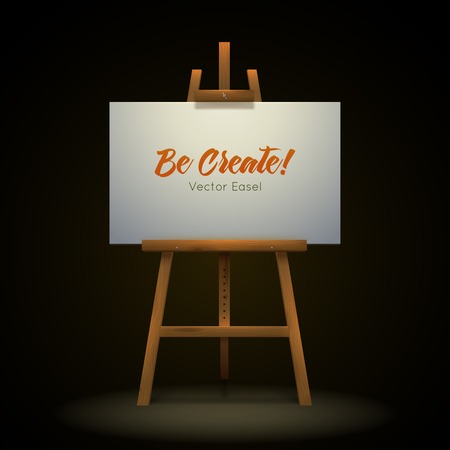 Wooden artist easel with white canvas isolated on dark background vector illustrationのイラスト素材