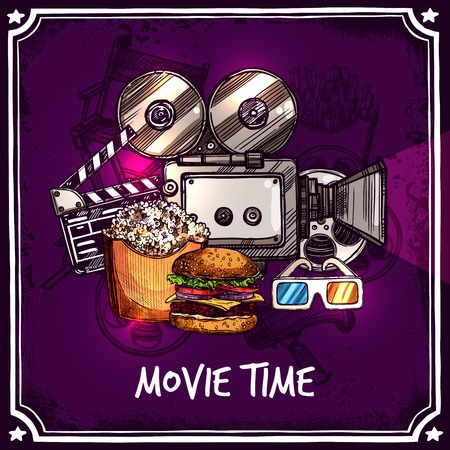 Colorful cinema template with camera reel snack clapperboard popcorn and 3d glasses in doodle style vector illustrationのイラスト素材
