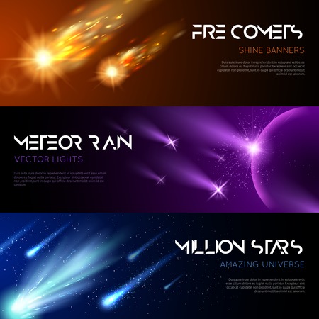Space horizontal banners with shiny light effects falling meteors comets stars vector illustrationのイラスト素材