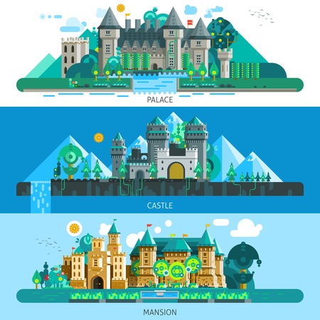 Antique castles horizontal banners with buildings of different architecture in flat style isolated vector illustrationのイラスト素材