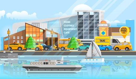 Taxi vehicles template with traffic of cars automobiles ship yacht and bus in flat style vector illustrationのイラスト素材