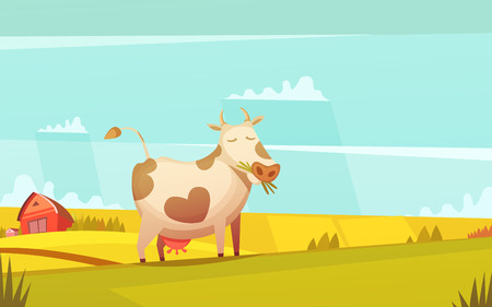 Cow and calf ranch farmland funny cartoon poster with farm house on background and grazing cattle vector illustrationのイラスト素材
