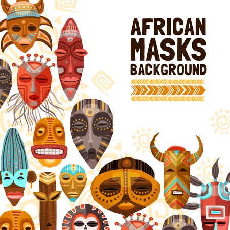 Flat background with colorful african ethnic tribal masks of different size and shape vector illustrationのイラスト素材