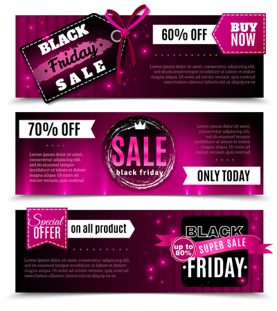 Black friday sale horizontal banners with labels tags and badges in pink color vector illustrationのイラスト素材