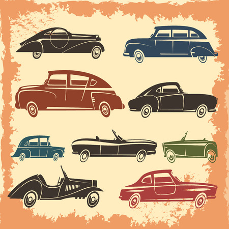 Retro car models collection with vintage style autos on aged background abstract vector illustrationのイラスト素材