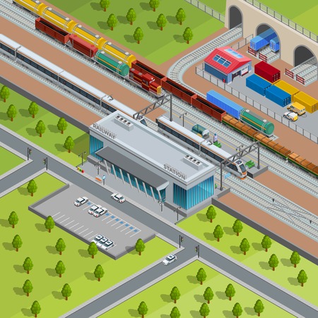 Modern suburban railway station with passing passenger trains goods depot and freight transport isometric poster vector illustrationのイラスト素材