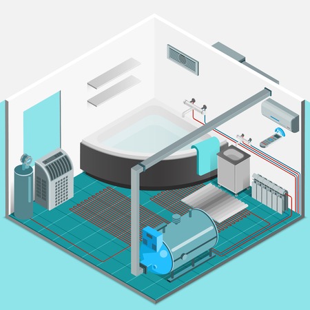 Heating cooling system interior isometric template with conditioner compressor battery bath in flat style isolated vector illustrationのイラスト素材