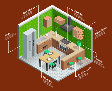 Kitchen interior isometric concept with table and chairs on brown background vector illustrationのイラスト素材