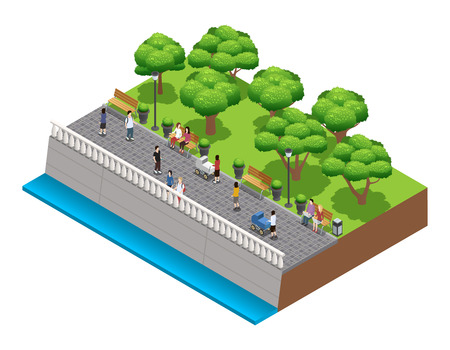 Isometric landscaping composition with people walking on stone embarkment in summer vector illustrationのイラスト素材
