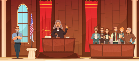 American court of law judicial legal proceedings in courthouse with judge   and jury box retro poster vector illustrationのイラスト素材