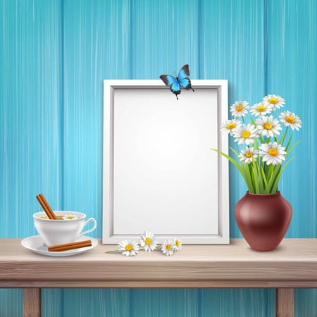 Light frame mockup with cup vase flowers and butterfly in realistic style vector illustrationのイラスト素材