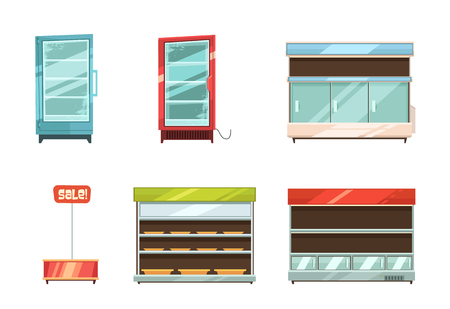 Supermarket and grocery stories display racks aisle refrigerator and sale stand retro cartoon icons collection isolated vector illustrationのイラスト素材