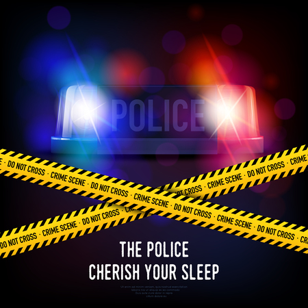 Police crime scene with yellow tape red and blue flashing siren realistic illustrationのイラスト素材