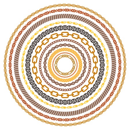 Round chain set of different shapes colors links and materials isolated illustration