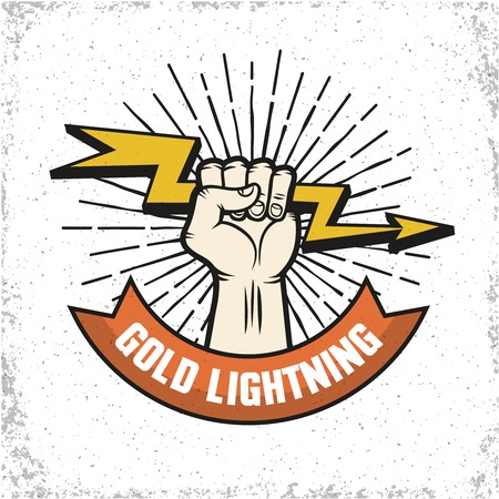 Flat emblem for company with human hand holding gold lightning on textured background illustrationのイラスト素材