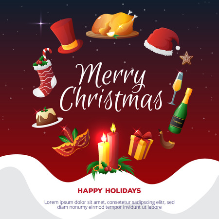 Colorful christmas party card with congratulations holiday dinner and decorations flat illustrationのイラスト素材