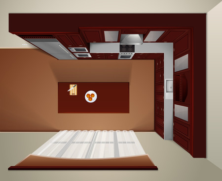 Modern luxury kitchen with dark wood corner cabinets and dinner table top view realistic image illustrationのイラスト素材