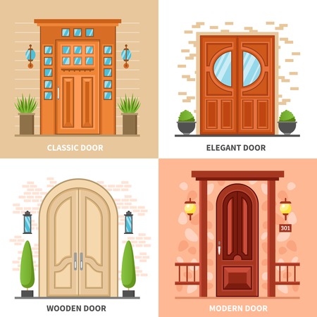 Front modern and classic doors to private houses and buildings 2x2 design concept in flat style illustrationのイラスト素材