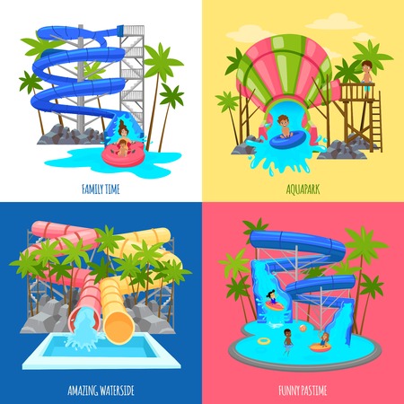 Aquapark design concept with water slides tubes pools for amusement of children and family isolated illustrationのイラスト素材