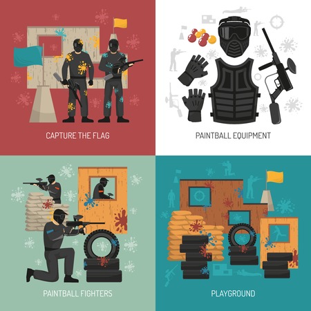Flat paintball fighters field and equipment 2x2 design concept on colorful backgrounds isolated illustrationのイラスト素材