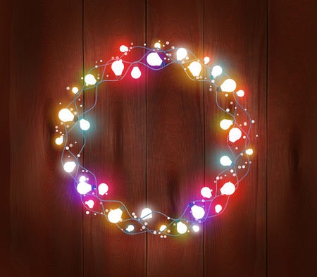 Christmas light garland poster with glowing  and shining bulbs on wooden background isolated vector illustrationのイラスト素材