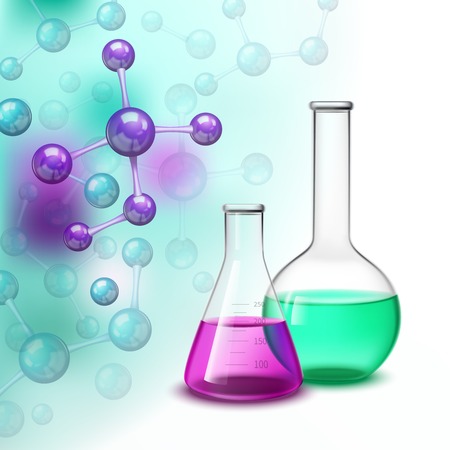 Laboratory composition with molecules chemical vessel bottles flat vector illustrationのイラスト素材