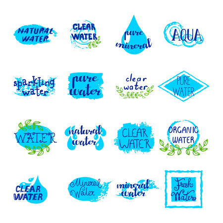 Water retro labels set of blue auqa elements and signs on white background isolated vector illustrationのイラスト素材